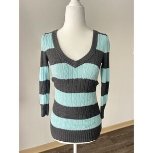 VTG Arizona Aqua Blue Grey Striped V Neck Sweater Y2K Grunge Indie